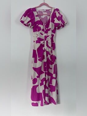 Women's Pink and White Button-Front Midi Dress